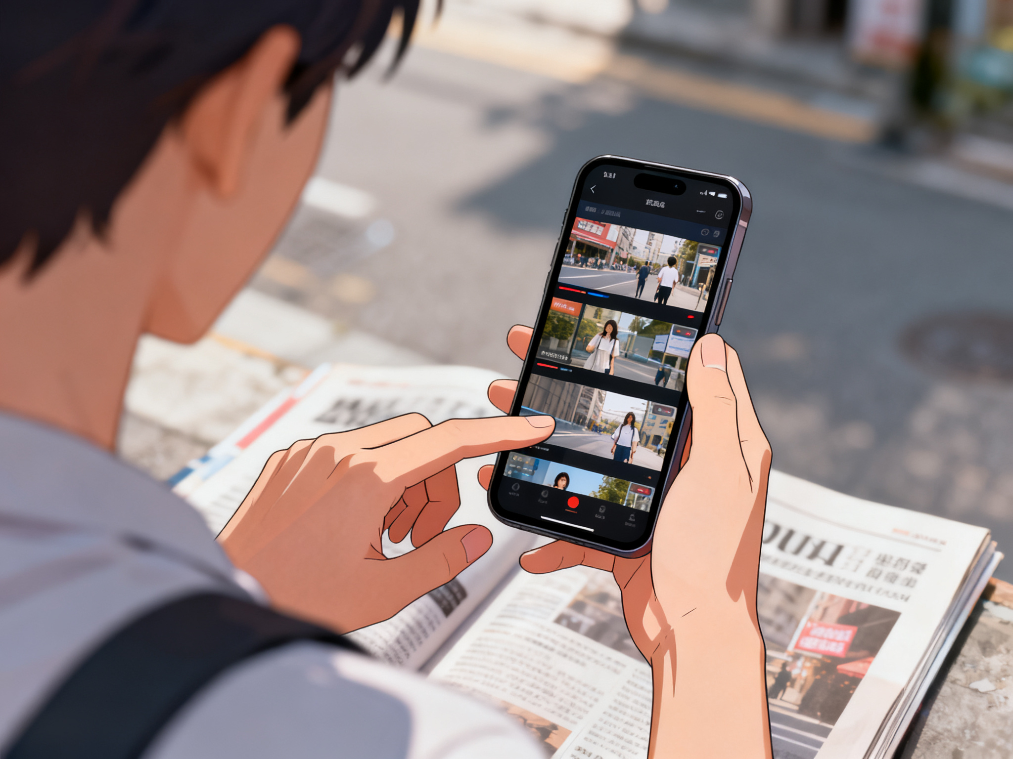 Hands scrolling through multiple short video segments with visible rapid engagement and quick transitions between clips.