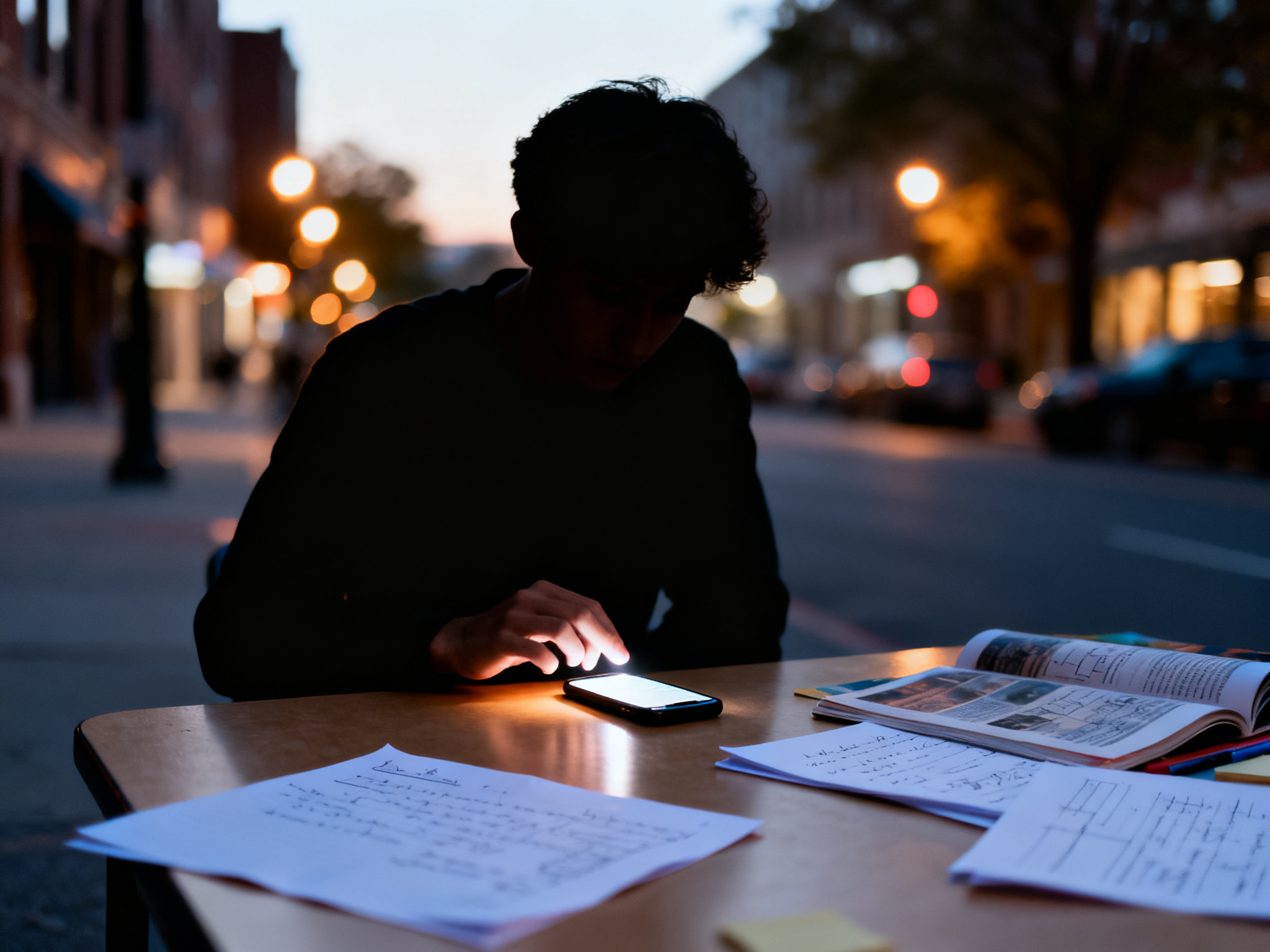 Late evening scene with smartphone light illuminating a figure's silhouette, scattered notes and schoolwork untouched on desk beside it.