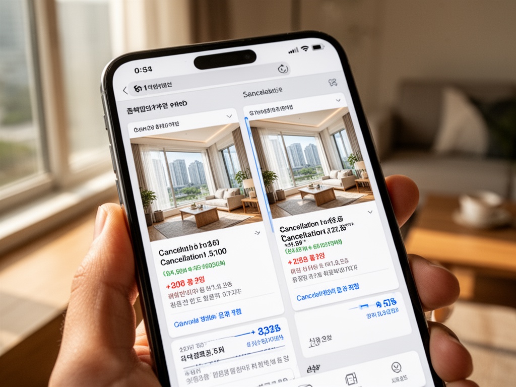 Smartphone displaying side-by-side comparison of same hotel on two different platforms with differing cancellation policies and fees.