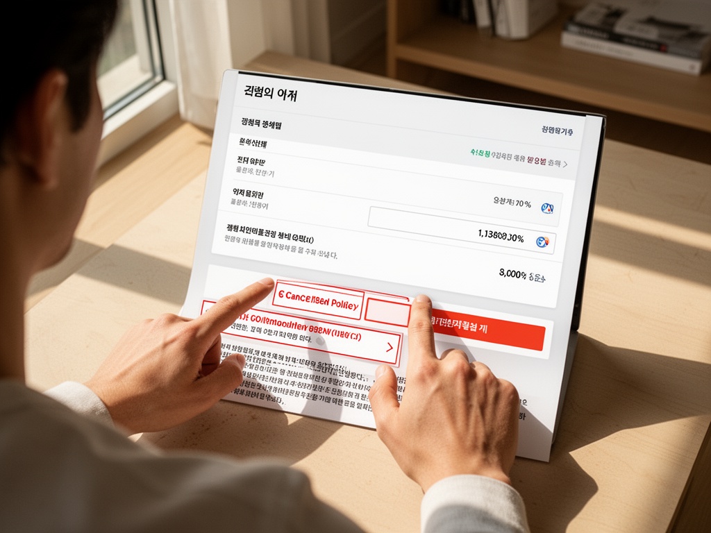 Hand pointing to cancellation policy details tab at bottom of booking page, revealing fine print about time limits and refund percentages.