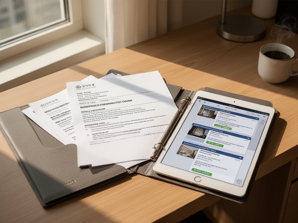 Desk with printed hotel confirmation emails and screenshots organized in a folder, showing documentation for dispute resolution.