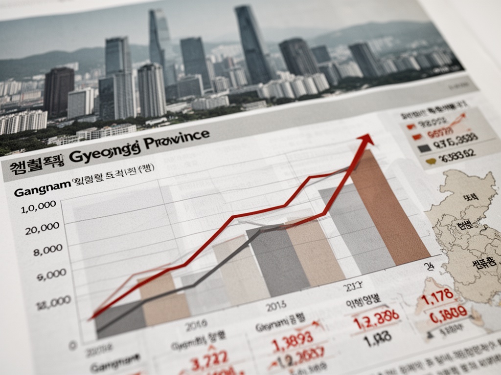 Real estate price comparison chart displaying three months of consecutive decline in Gangnam versus rising prices in outlying Gyeonggi Province cities
