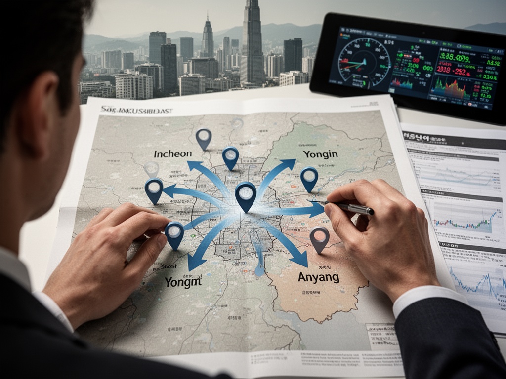 Hands marking location pins on a map showing arrows flowing from central Seoul neighborhoods toward Incheon, Yongin, and Anyang suburban areas