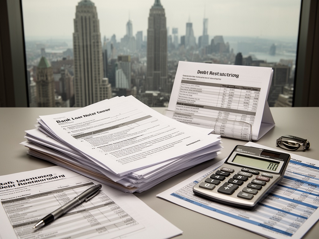 Bank loan documents and debt restructuring forms stacked on a desk with calculator and financial statement papers nearby