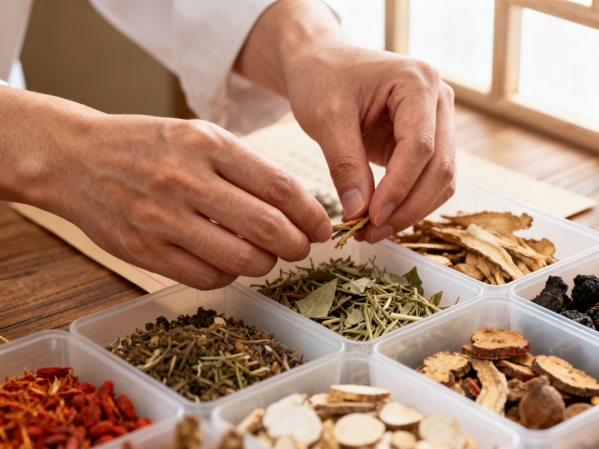 Close-up of hands sorting medicinal herbs and dried ingredients in labeled containers on a wooden workspace.
