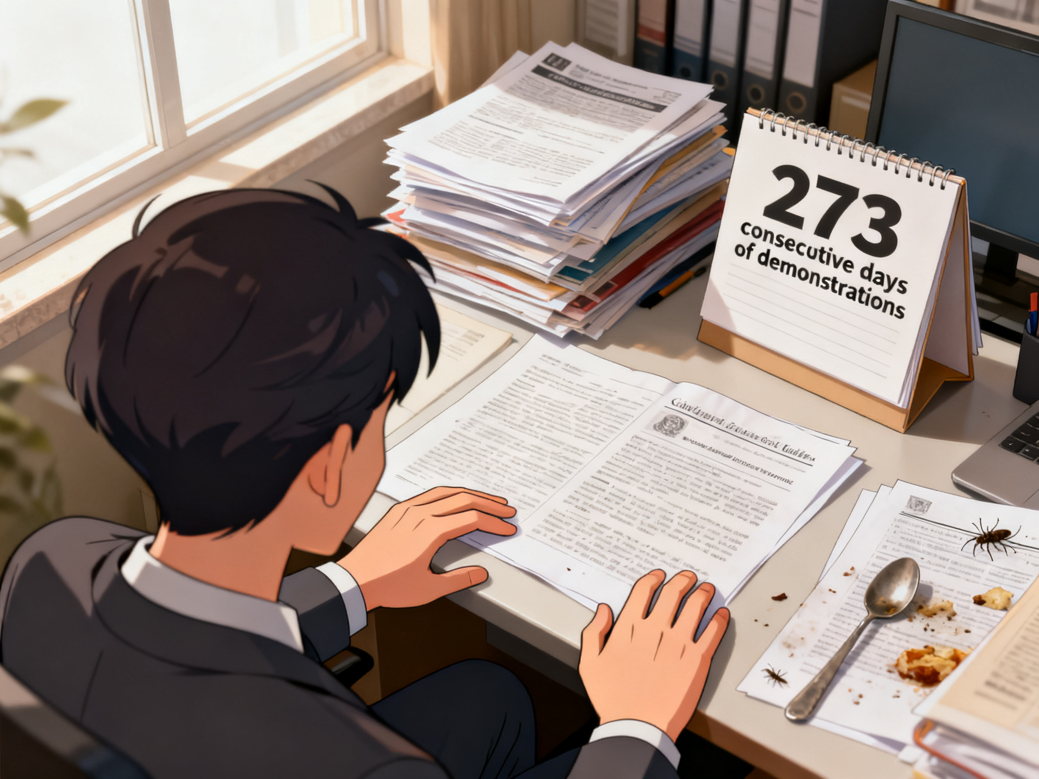 Documents and legislative papers stacked on an office desk with a calendar marking 273 consecutive days of demonstrations.
