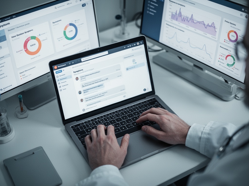 Patient's hands typing responses on screen while clinical dashboard visualizes symptom data in the background.