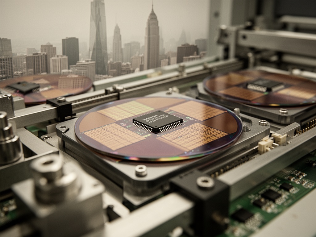 Memory chip manufacturing facility with production lines and semiconductor wafers under industrial lighting.