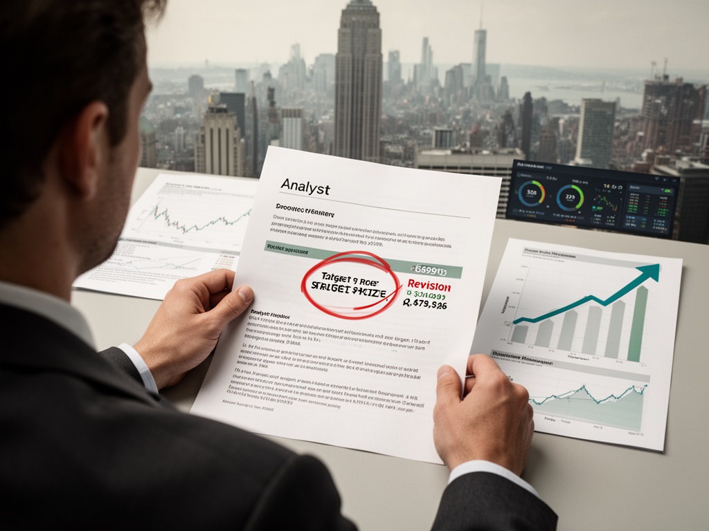 Analyst report document on desk with circled target price revision and upward arrow charts beside it.