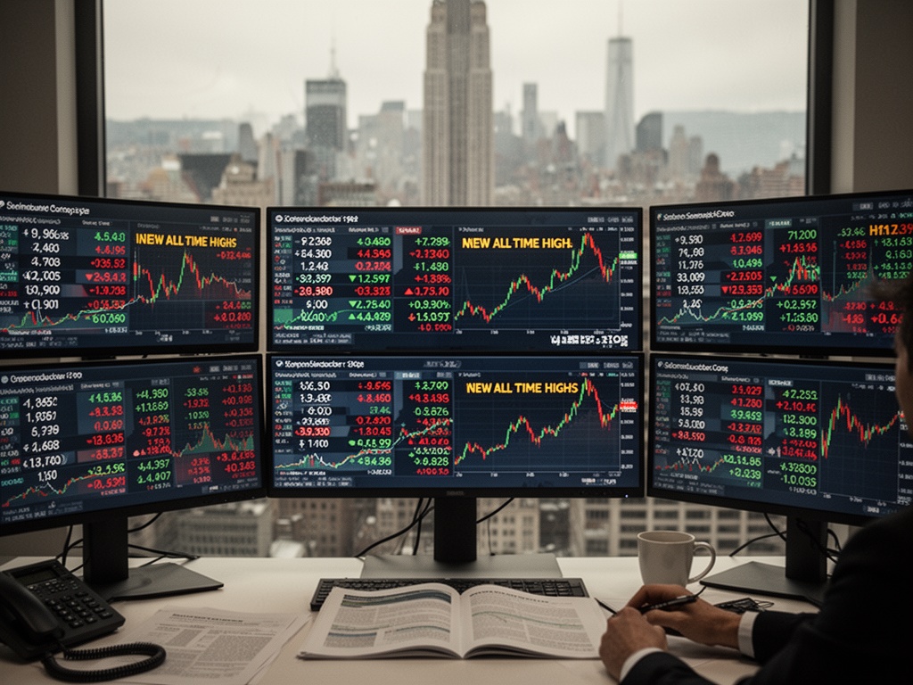 Trading floor screens displaying multiple semiconductor company stock tickers reaching new all-time highs simultaneously.