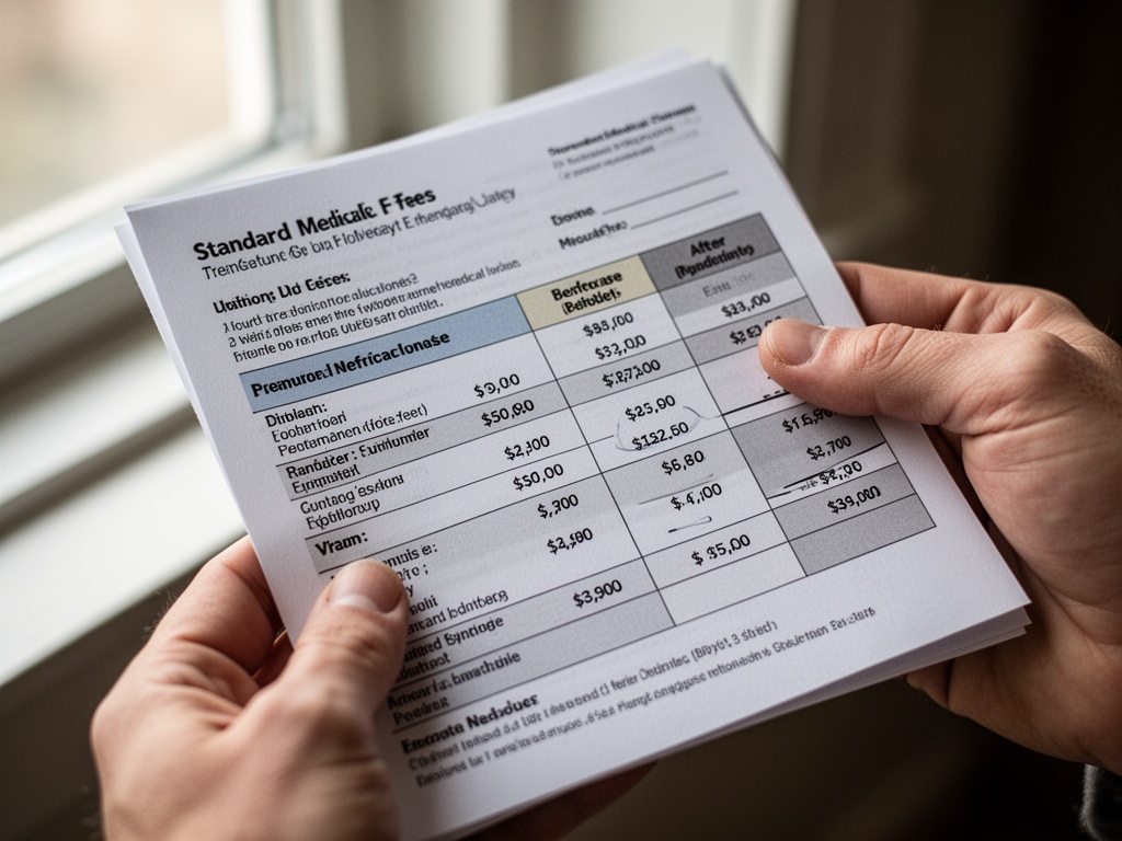 Close-up of hands holding standard medical fee documents showing price comparisons before and after policy changes.