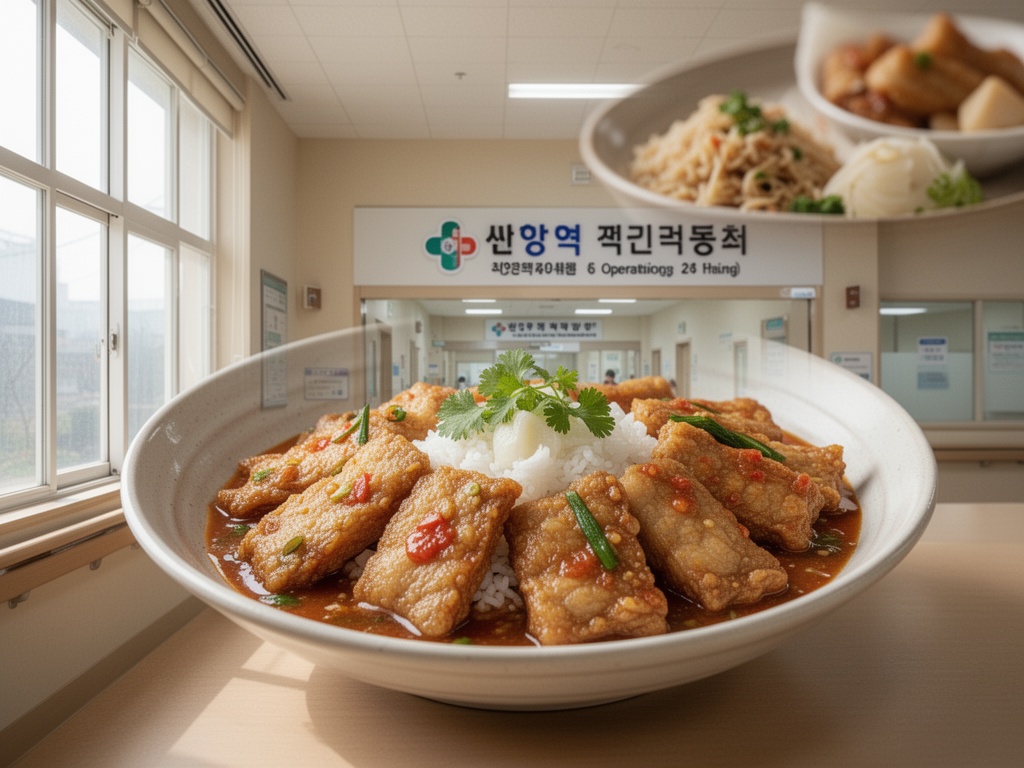 A wider view of a provincial Korean healthcare facility with reduced signage and minimal patient activity during operating hours.