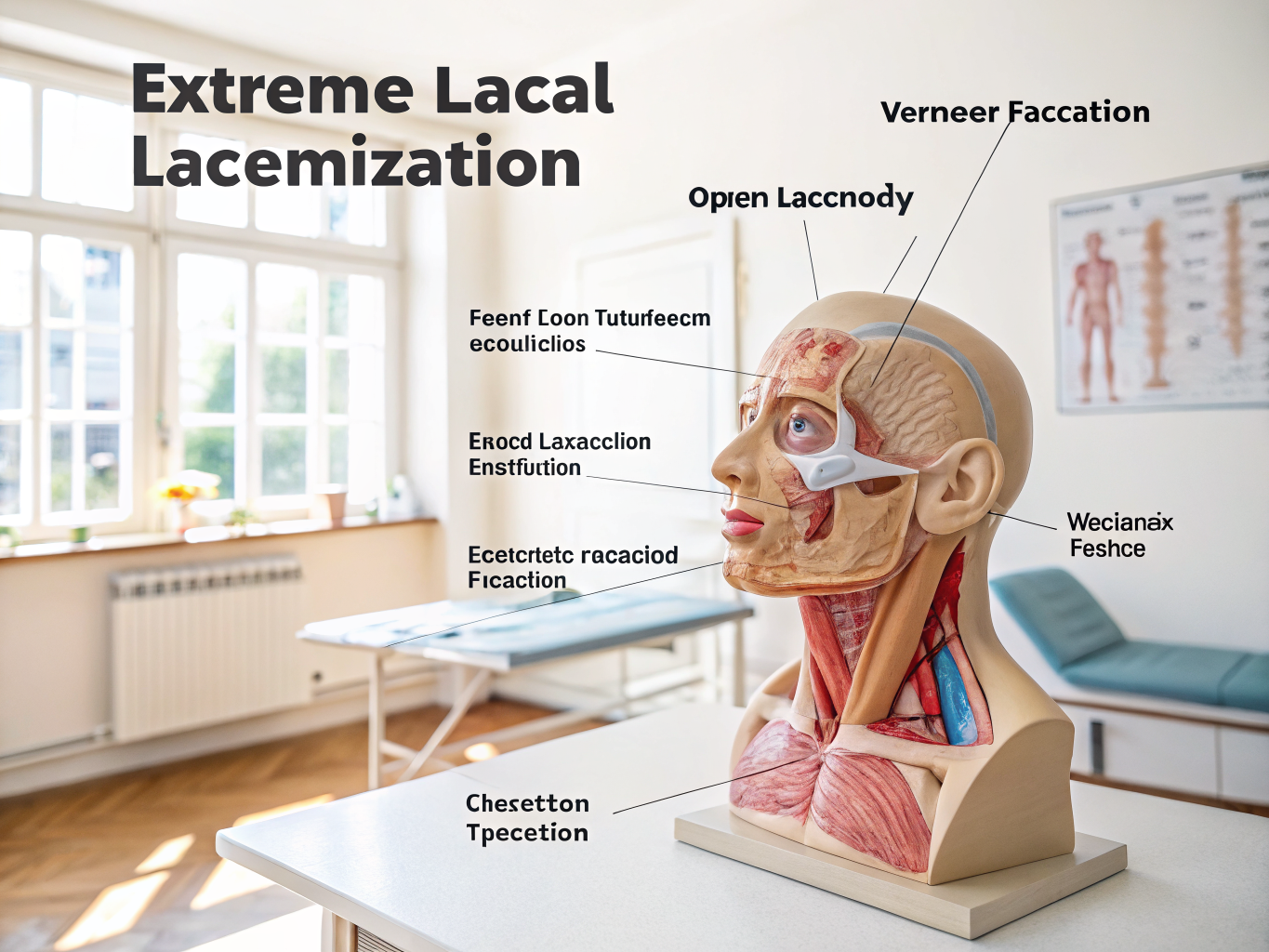 Open facial laceration with contamination assessment, illustrating wound depth, length, and tissue layer involvement on examination table.