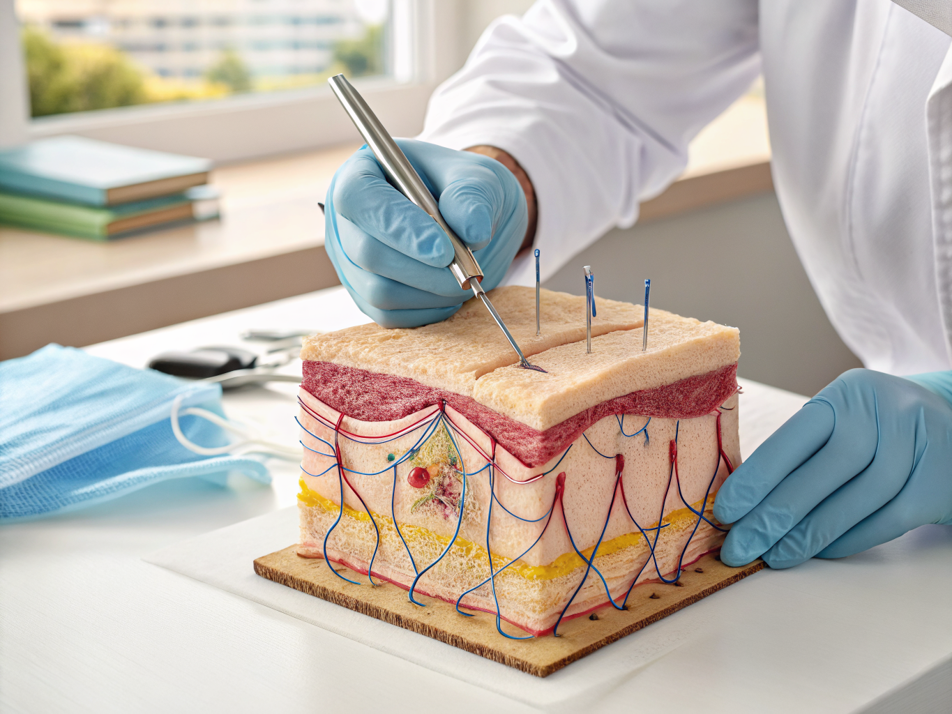 Step-by-step layered suture technique showing dermal layer closure with fine sutures, then epidermis closure, demonstrating tension-reducing method.